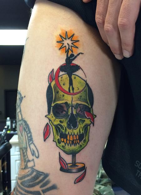 Mike Riedl - Traditional color skull with ballerina tattoo, Mike Riedl